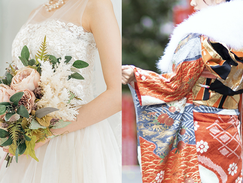 ドレスと振袖の女性